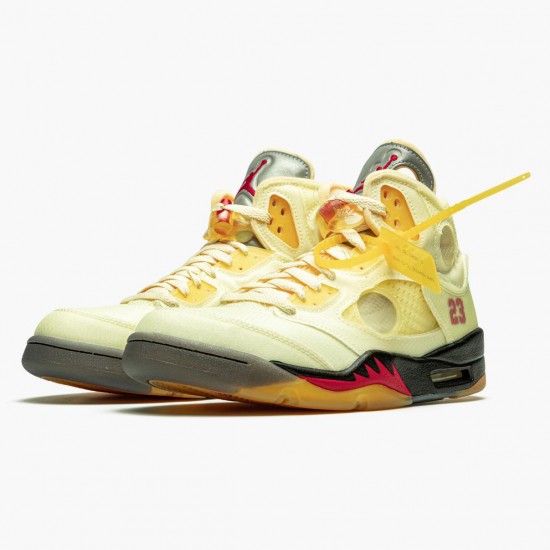 Kicksonfire Off-White x Air Jordan 5 Retro Sail Sail/Fire Red/Muslin Black  DH8565-100